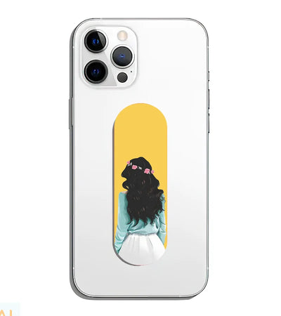 A phone grip slider applied to the back of a smartphone.