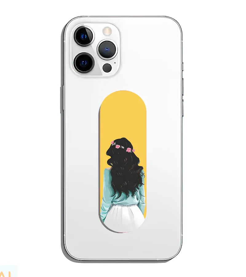 A phone grip slider applied to the back of a smartphone.