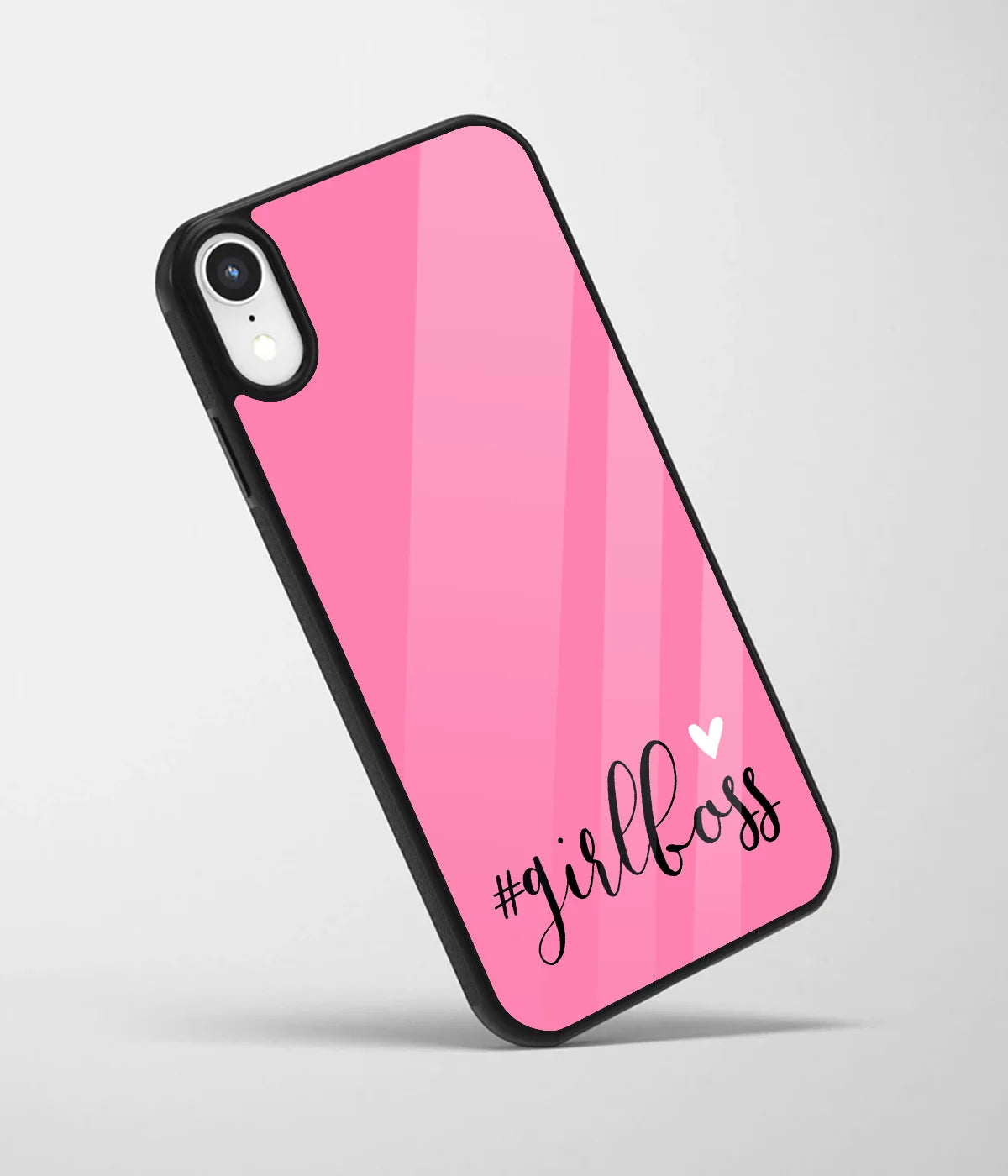 An angled view of a glass phone case featuring a vibrant design.