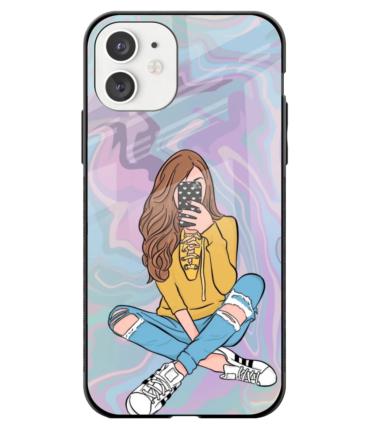 A front-on view of a glass phone case with a colorful design.