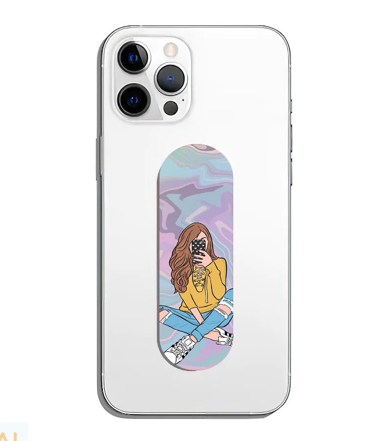 A phone grip slider applied to the back of a smartphone.
