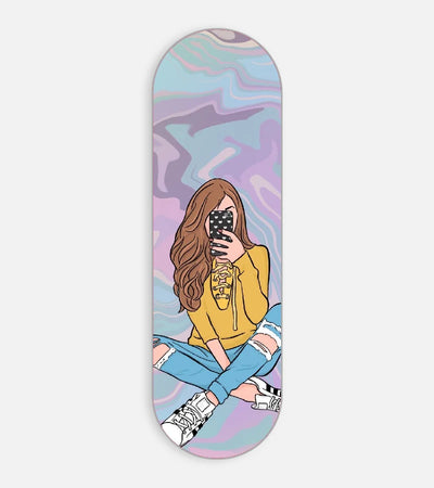 Mobile phone grip slider with a colorful design on a white background