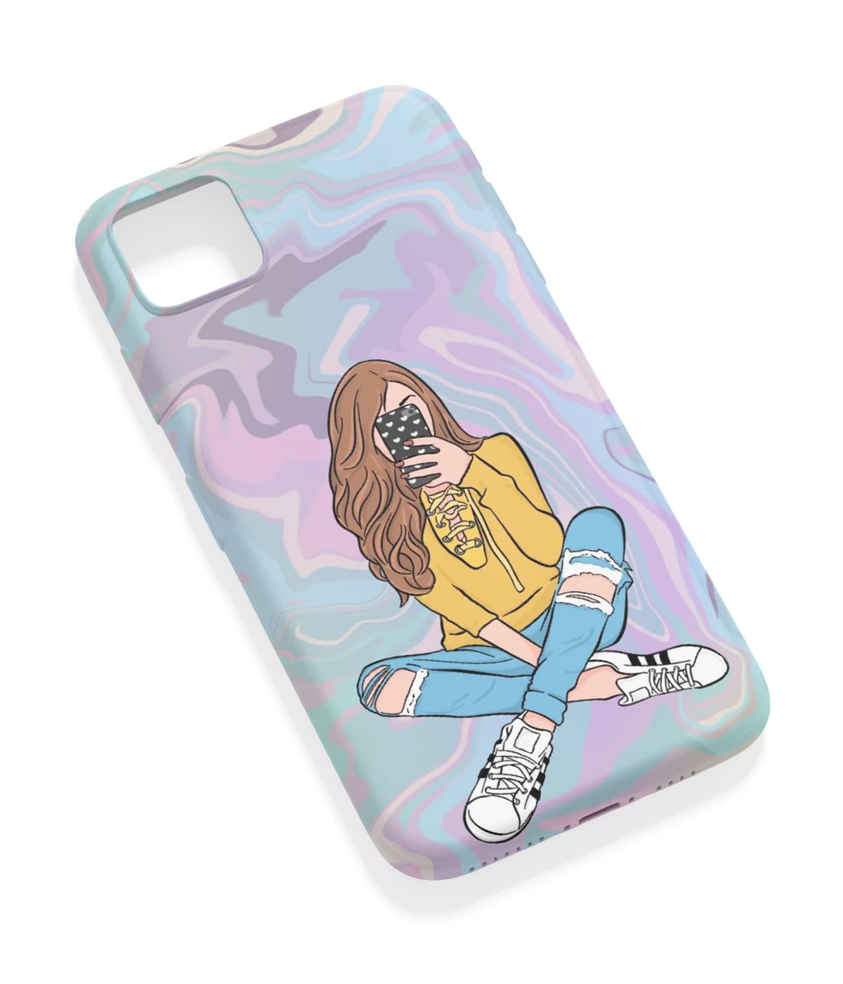 An angled view of a soft silicone case featuring a vibrant design.
