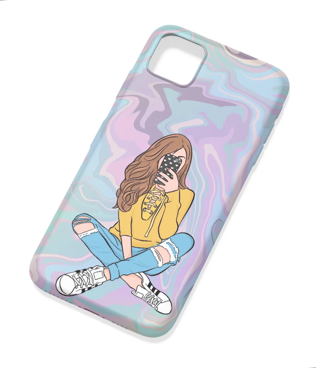 An angled view of a soft silicone case featuring a colorful design.