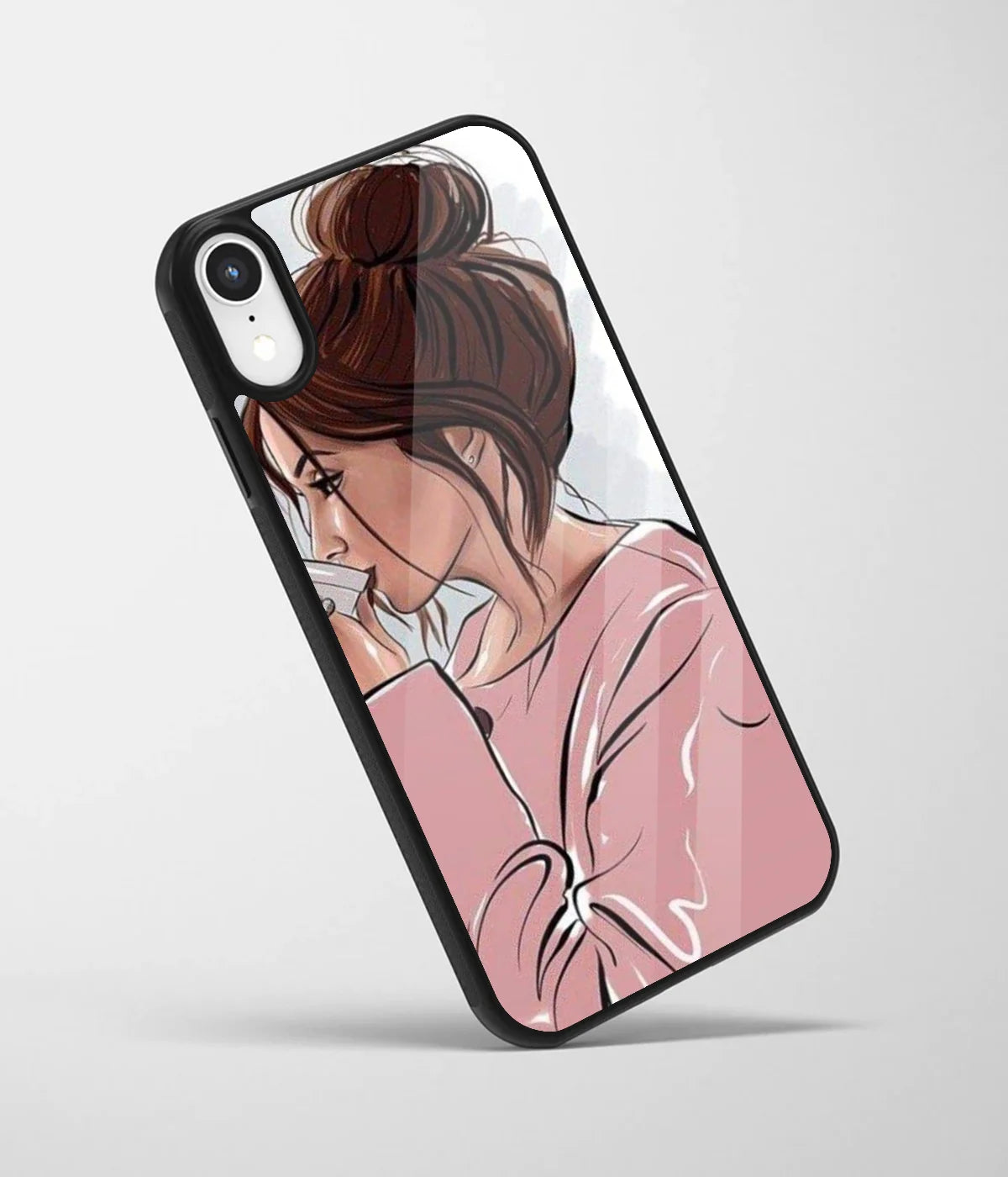 An angled view of a glass phone case featuring a vibrant design.