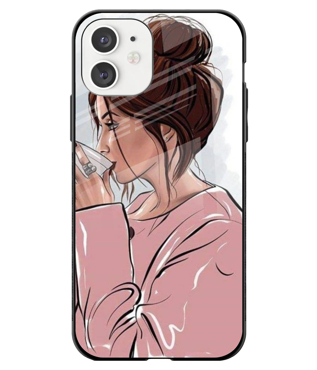 A front-on view of a glass phone case with a colorful design.