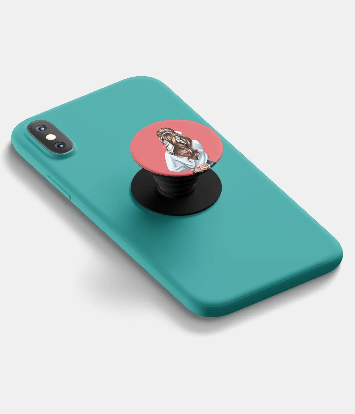 A top-down view of a phone grip holder attached to a mobile phone case on a white background