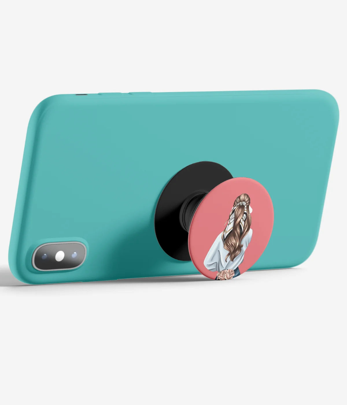 An image demonstrating how to use the phone grip as a stand to hold a mobile phone in landscape mode for hands-free viewing