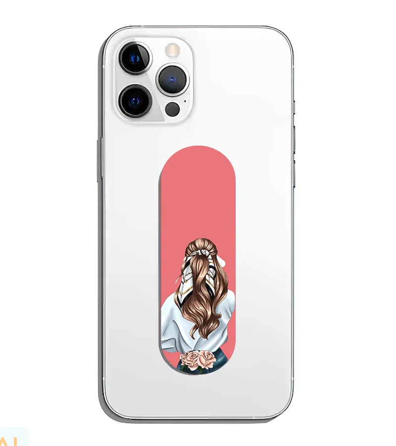 A phone grip slider applied to the back of a smartphone.
