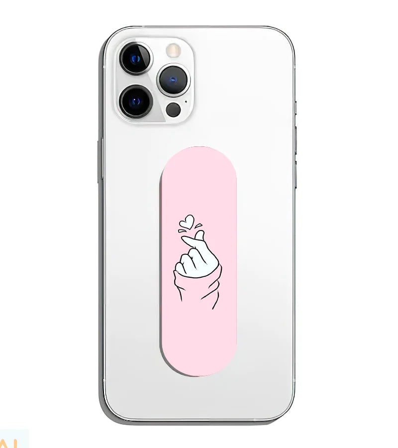 A phone grip slider applied to the back of a smartphone.