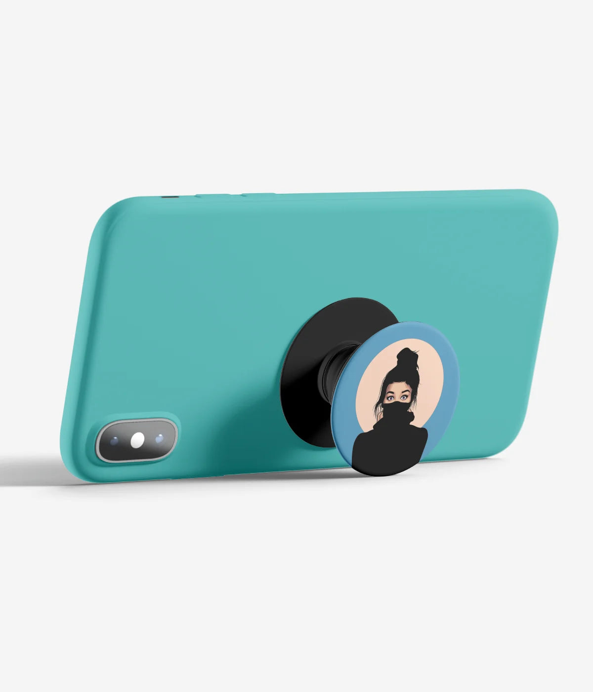 An image demonstrating how to use the phone grip as a stand to hold a mobile phone in landscape mode for hands-free viewing