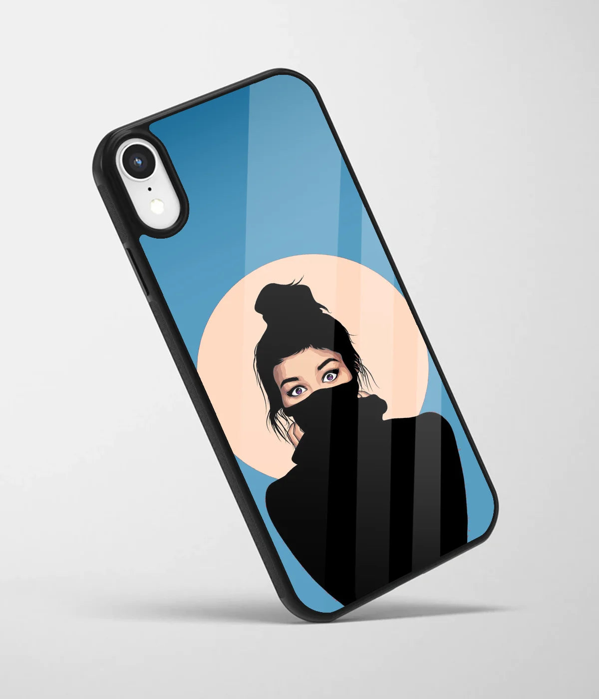 An angled view of a glass phone case featuring a vibrant design.