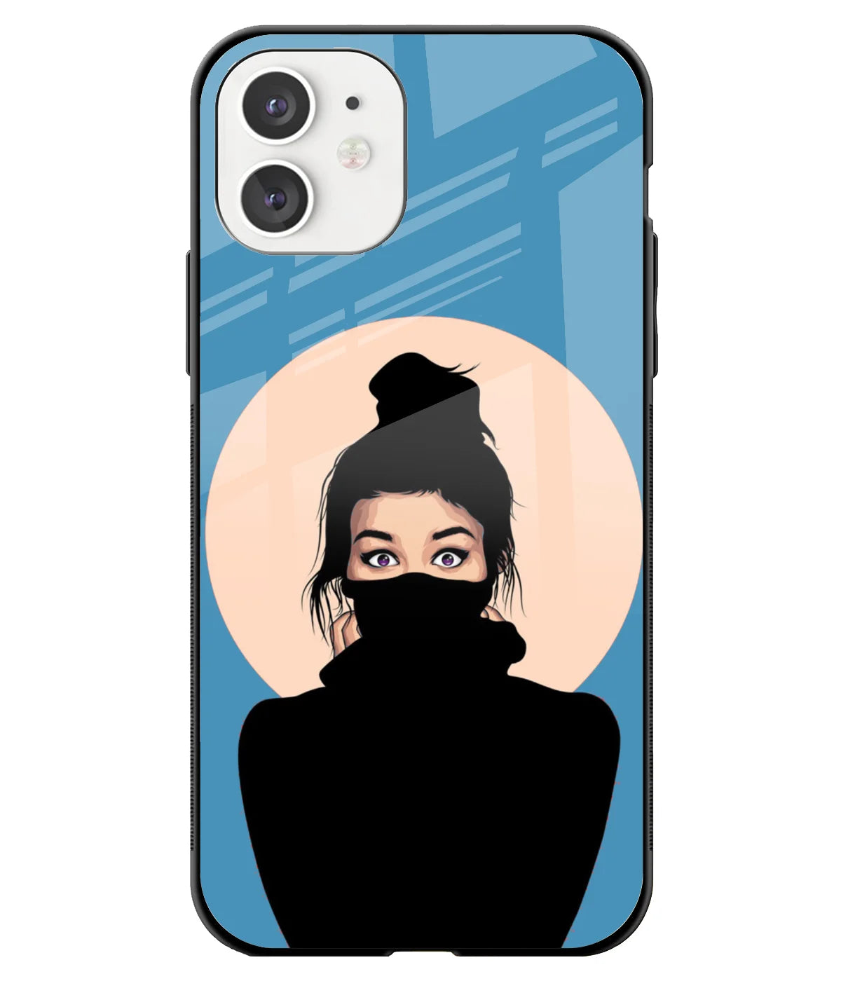 A front-on view of a glass phone case with a colorful design.