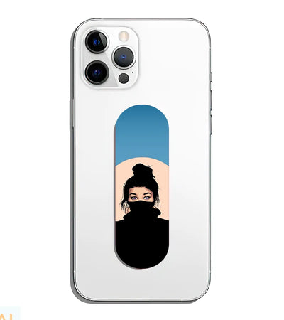 A phone grip slider applied to the back of a smartphone.