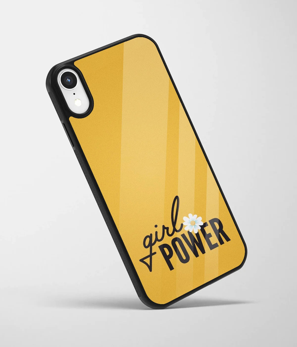 An angled view of a glass phone case featuring a vibrant design.