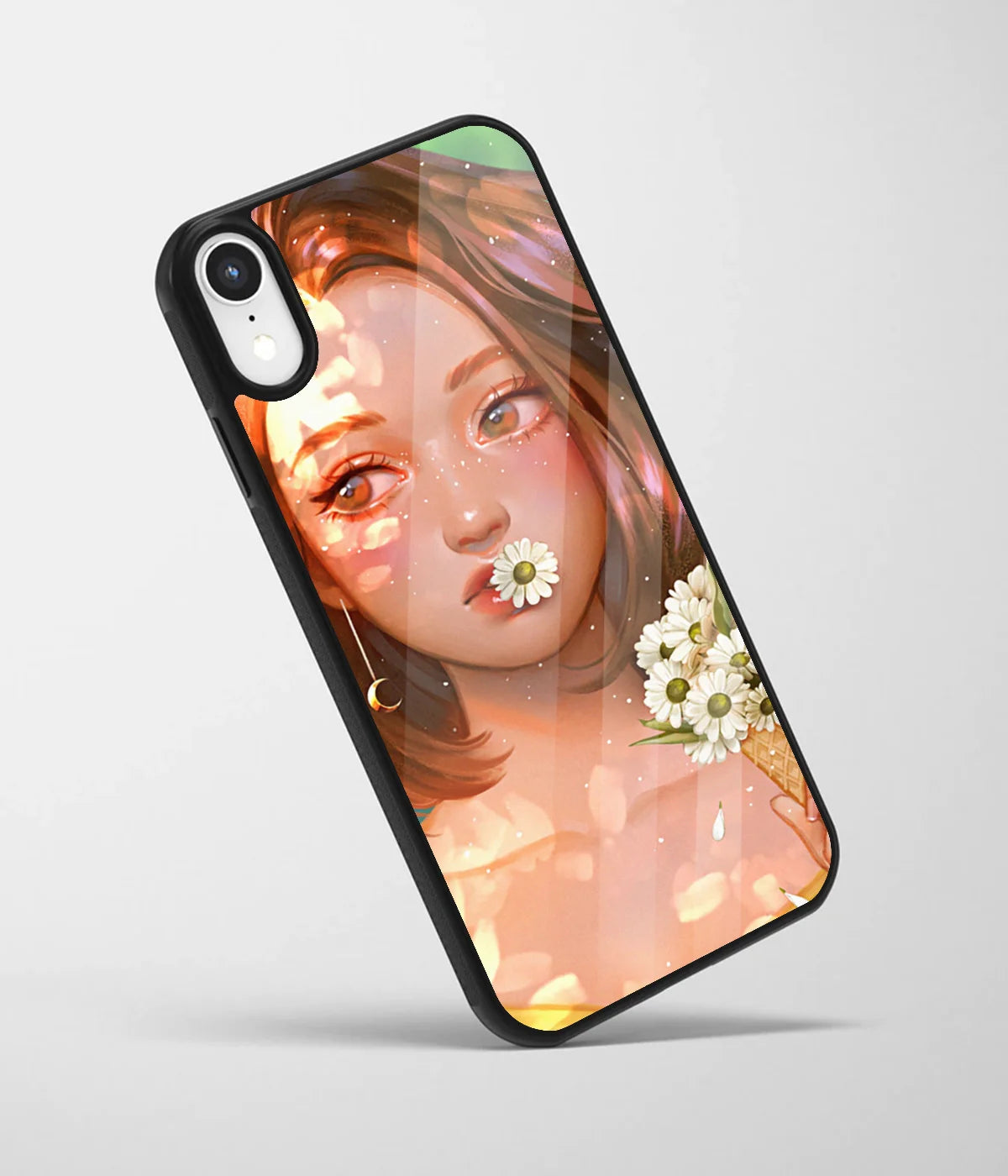 An angled view of a glass phone case featuring a vibrant design.