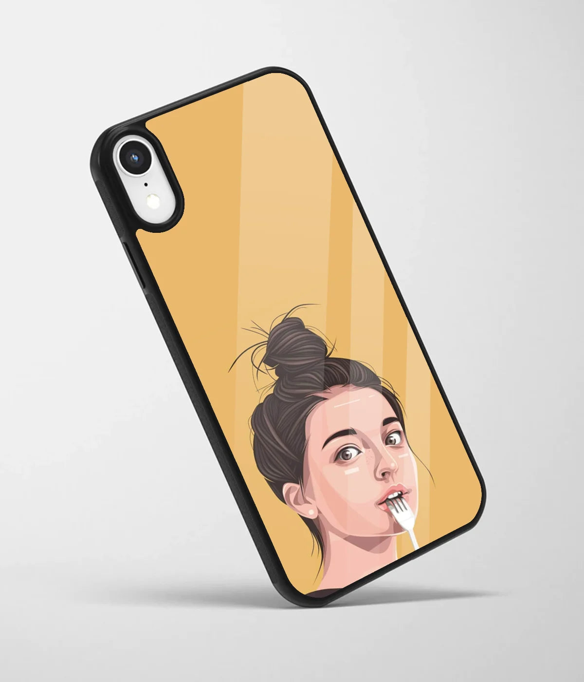 An angled view of a glass phone case featuring a vibrant design.