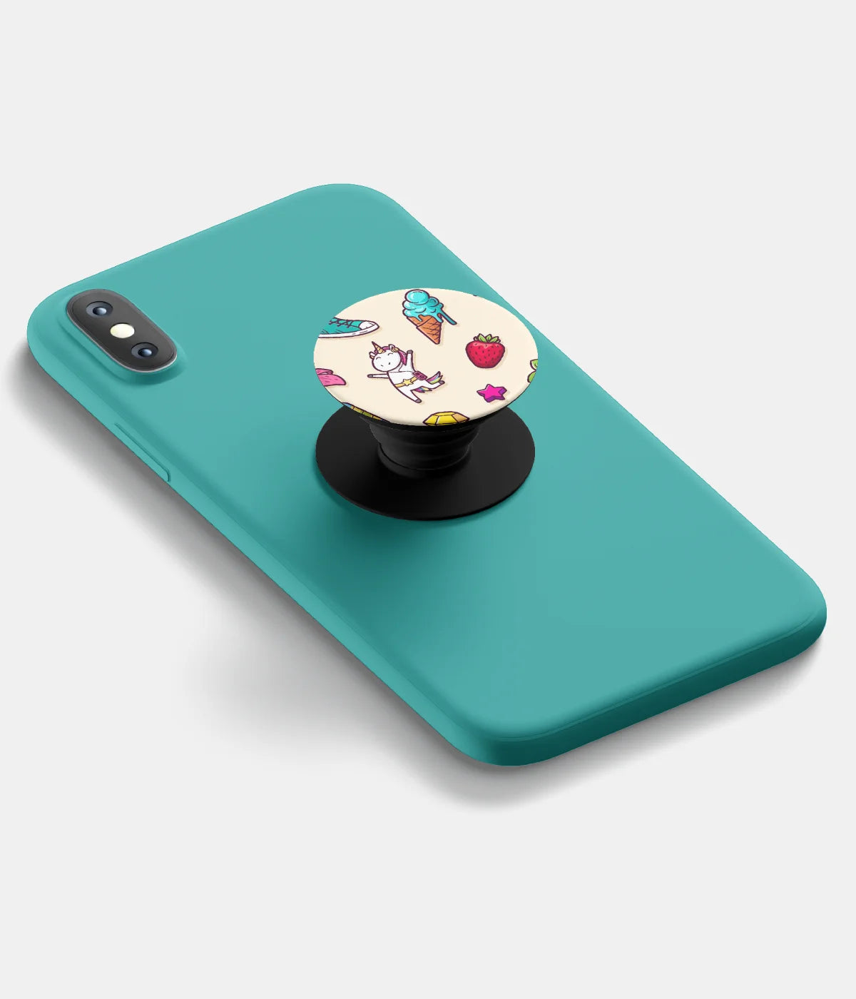 A top-down view of a phone grip holder attached to a mobile phone case on a white background