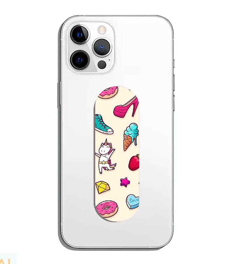 A phone grip slider applied to the back of a smartphone.