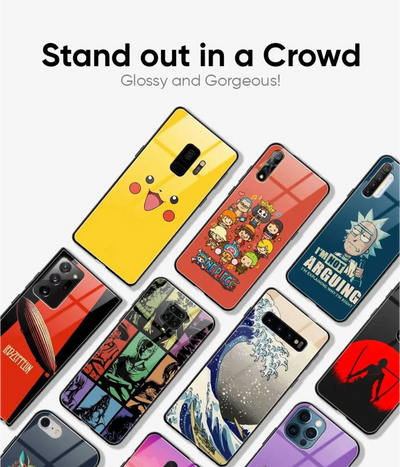  A collection of different glass phone cases, each with a unique design, arranged to showcase their glossy finish.