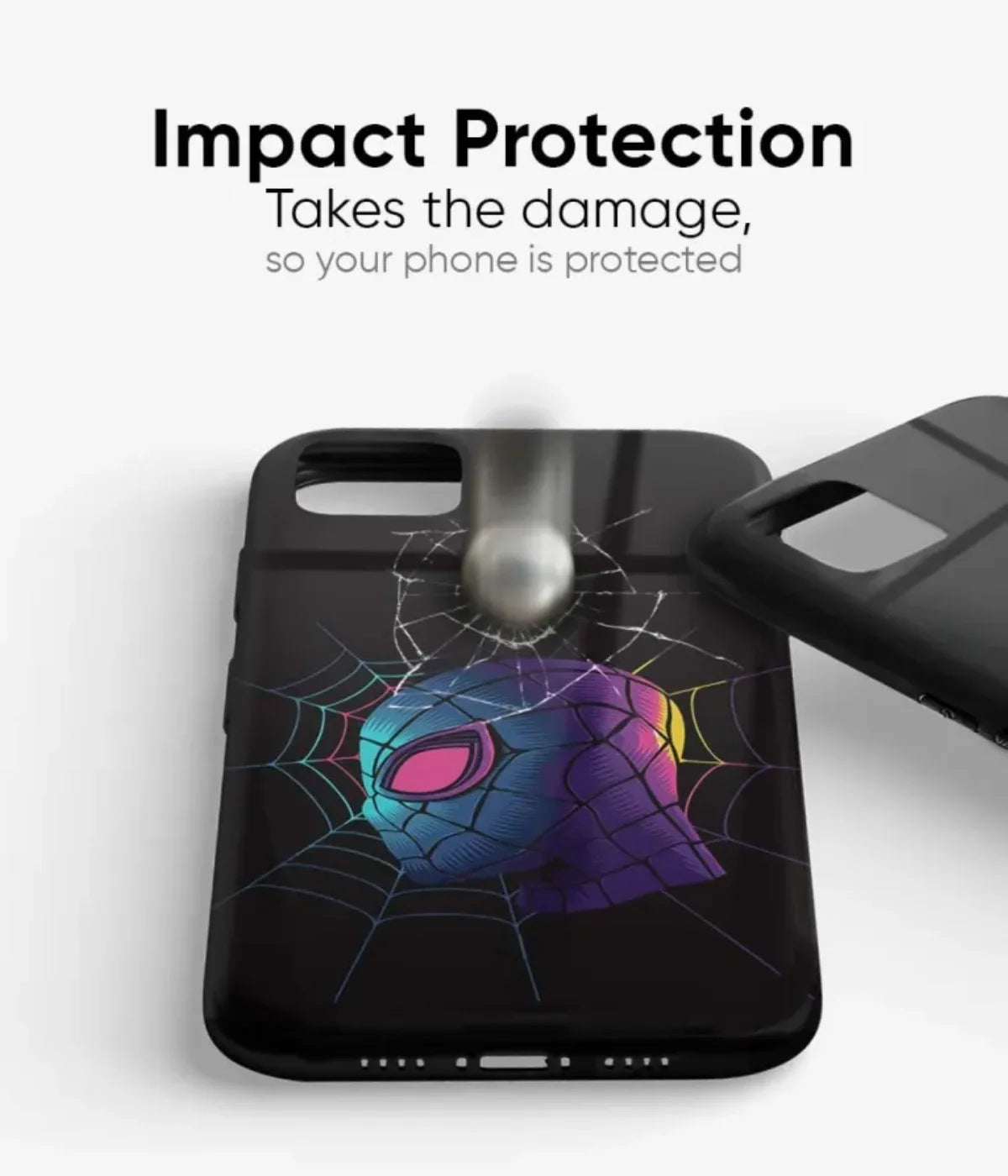 An image demonstrating a glossy metal phone case's impact protection, showing a metal ball hitting the case with a web-like crack to highlight its durability.