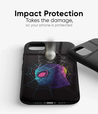 An image demonstrating a glossy metal phone case's impact protection, showing a metal ball hitting the case with a web-like crack to highlight its durability.