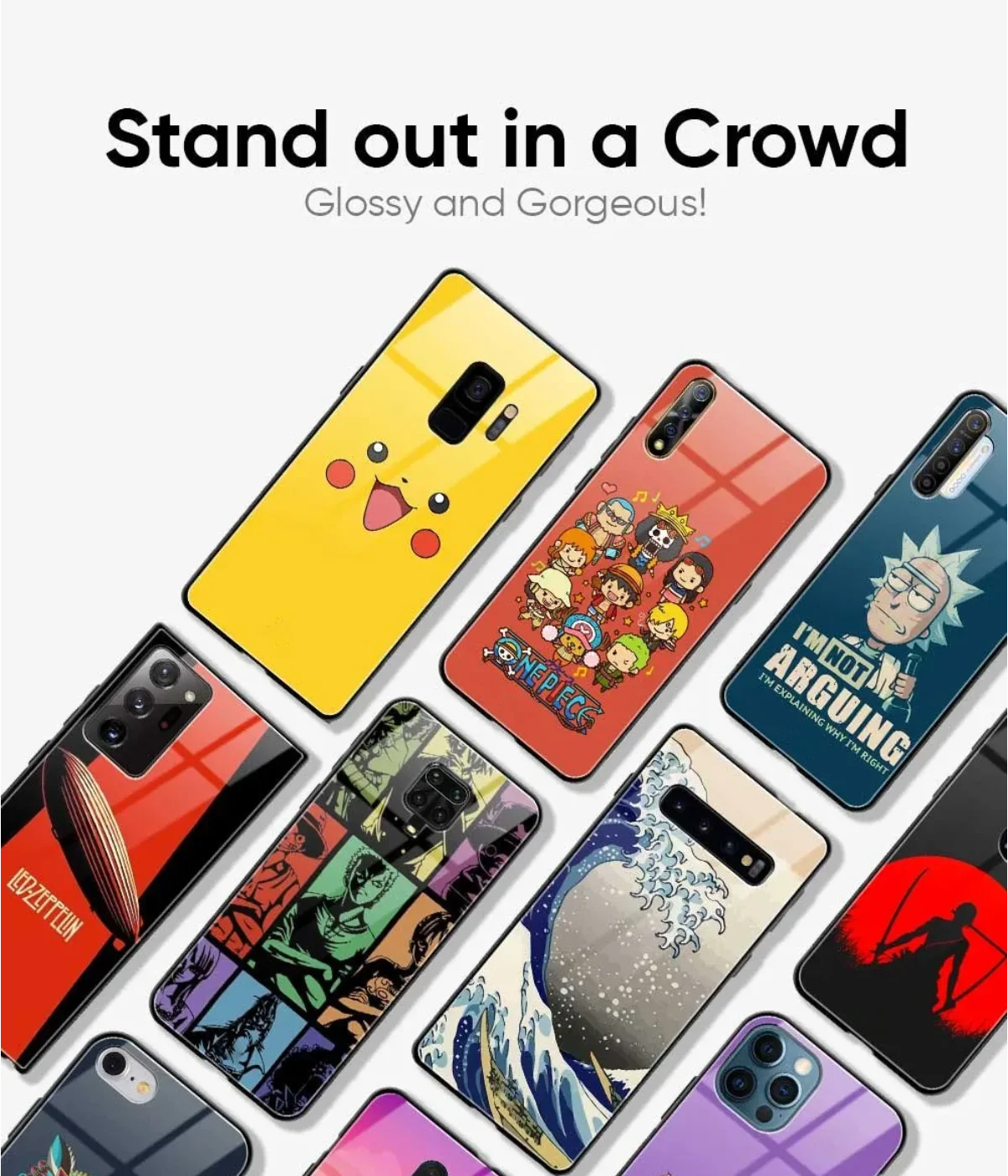  A collection of different glossy metal phone cases, each with a unique design, arranged to showcase their glossy finish.