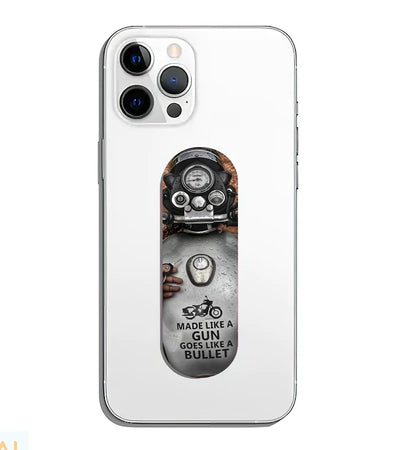 A phone grip slider applied to the back of a smartphone.