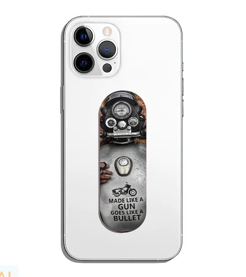 A phone grip slider applied to the back of a smartphone.