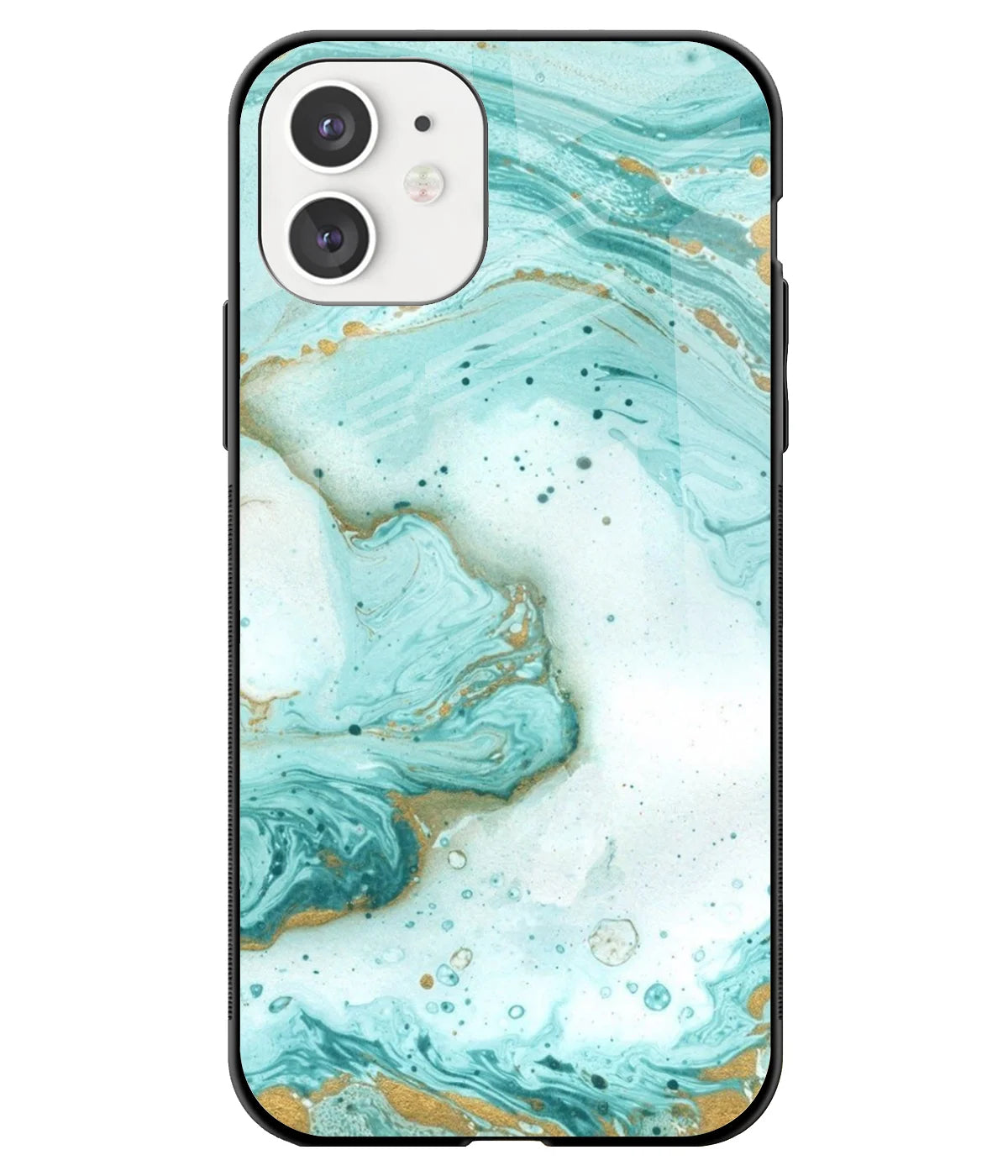 A front-on view of a glass phone case with a colorful design.