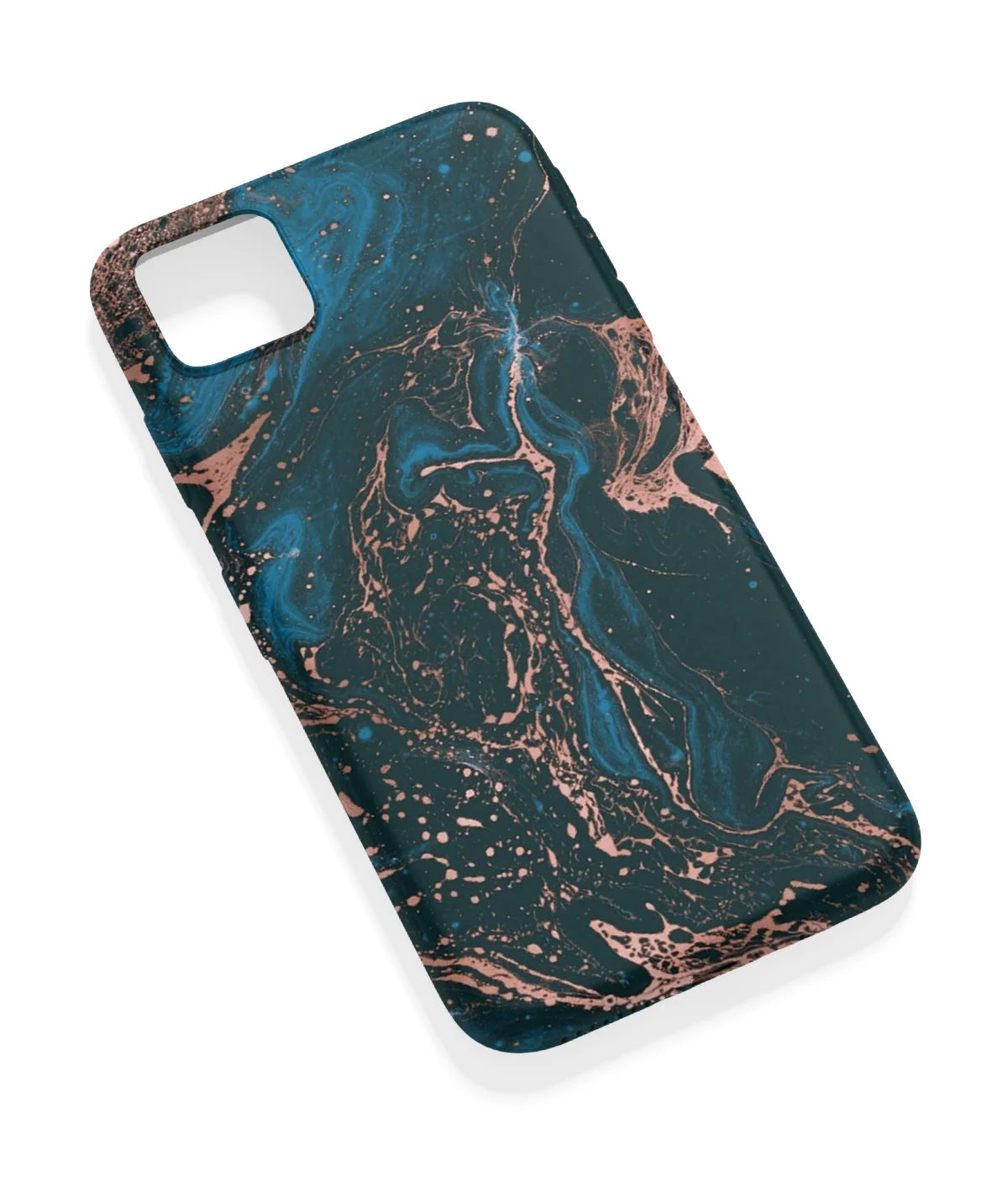 An angled view of a soft silicone case featuring a vibrant design.