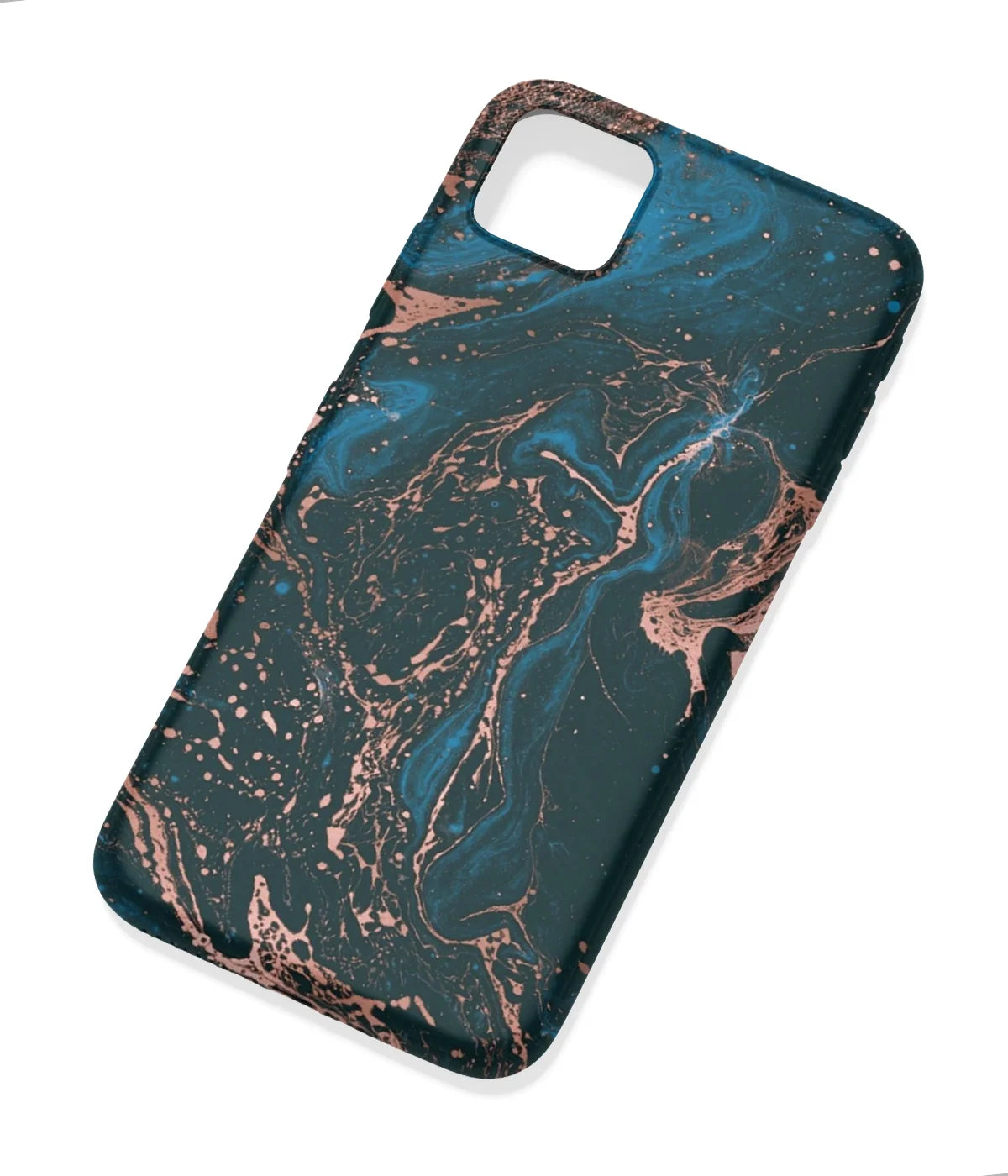 An angled view of a soft silicone case featuring a colorful design.