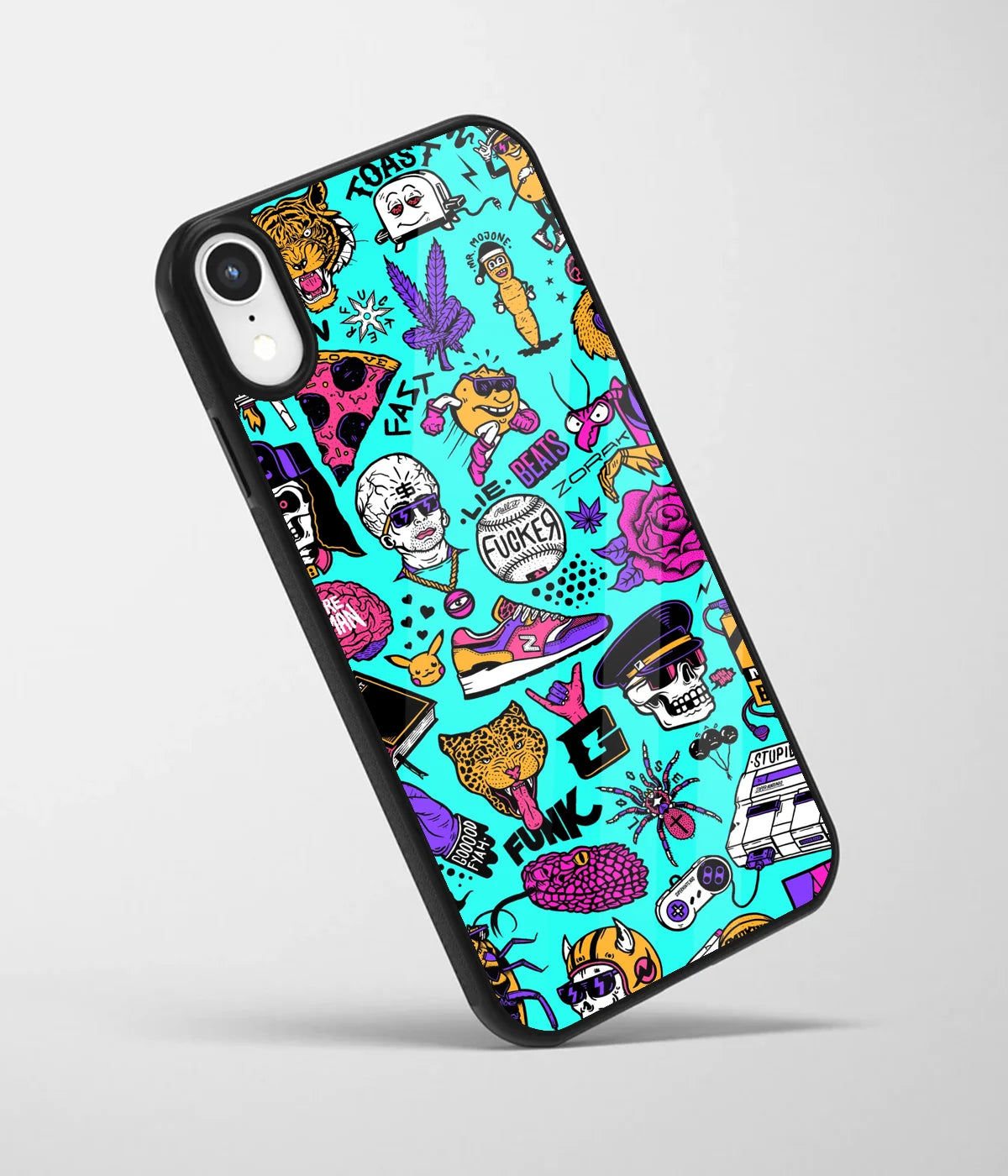 An angled view of a glass phone case featuring a vibrant design.