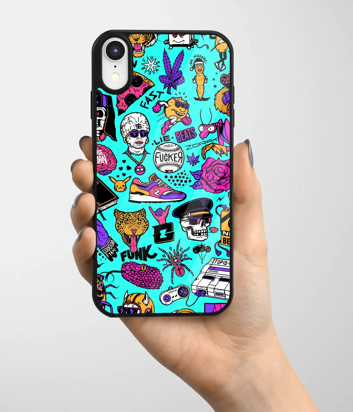 A hand holding a glass phone case with a colorful design.