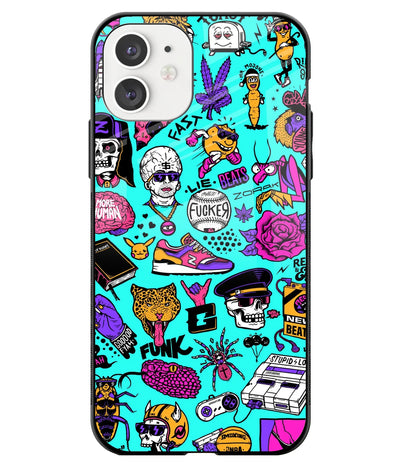 A front-on view of a glass phone case with a colorful design.