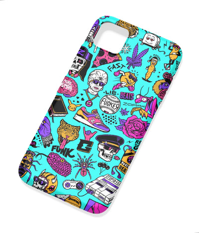 An angled view of a soft silicone case featuring a colorful design.