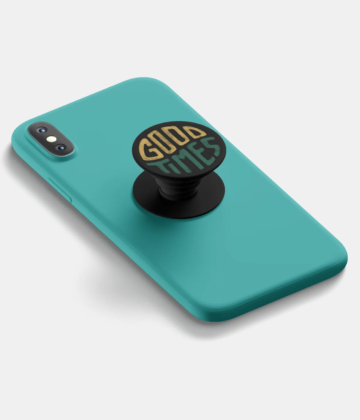 A top-down view of a phone grip holder attached to a mobile phone case on a white background