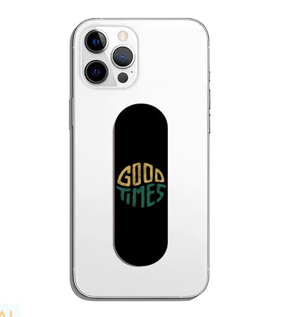 A phone grip slider applied to the back of a smartphone.