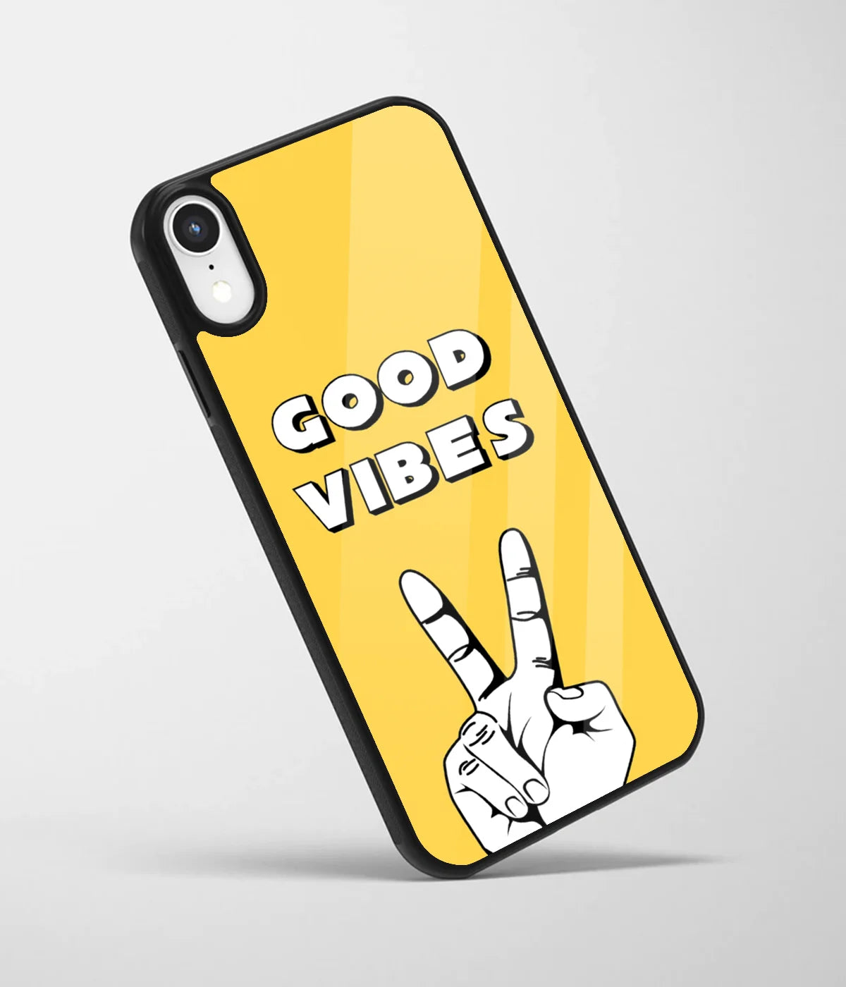 An angled view of a glass phone case featuring a vibrant design.