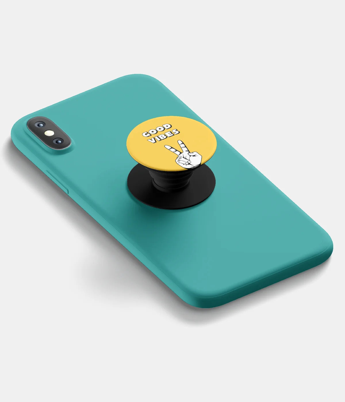 A top-down view of a phone grip holder attached to a mobile phone case on a white background