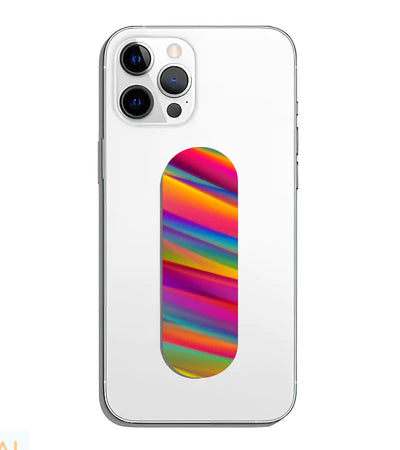 A phone grip slider applied to the back of a smartphone.