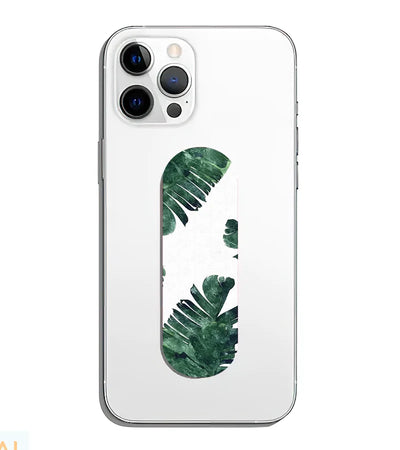 A phone grip slider applied to the back of a smartphone.