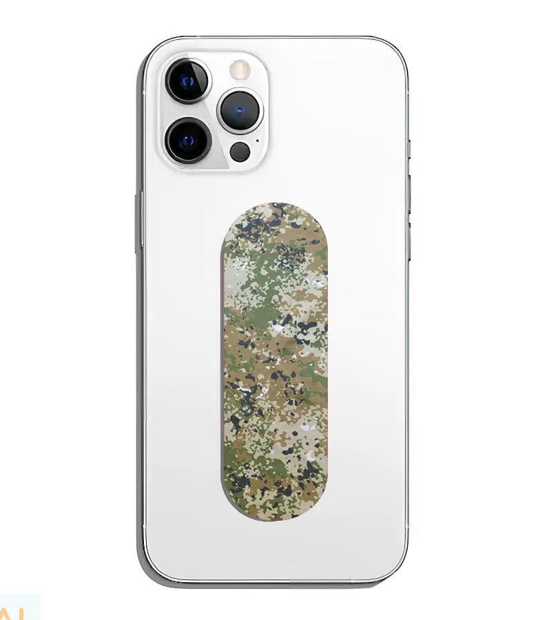 A phone grip slider applied to the back of a smartphone.