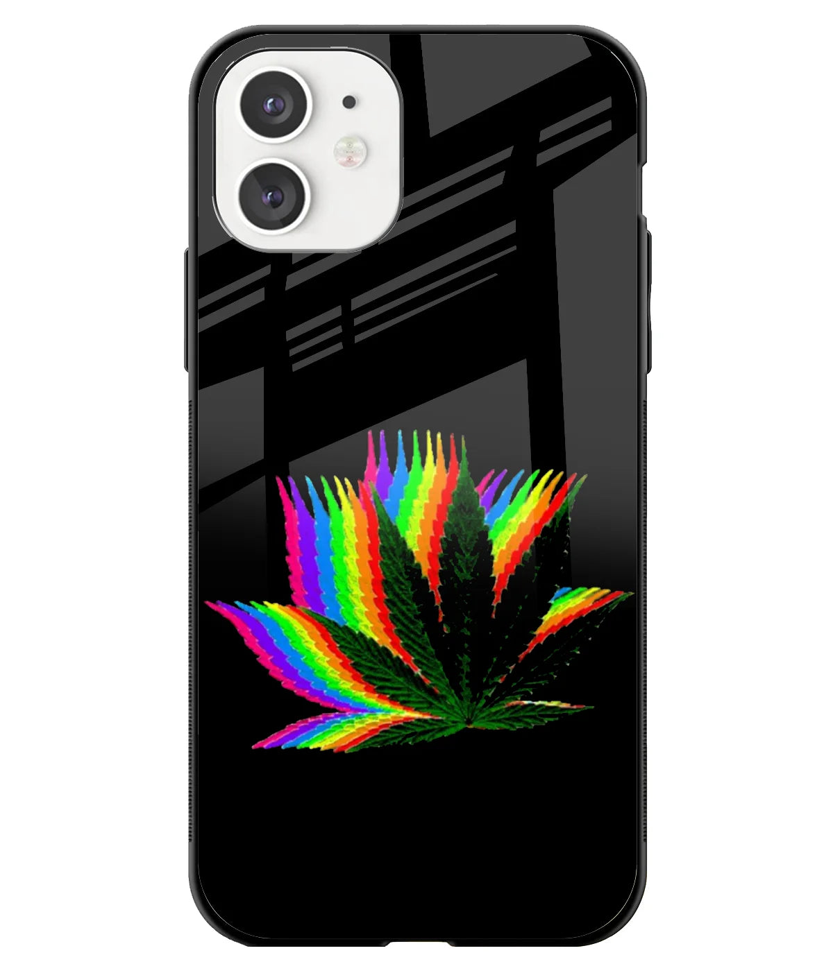 A front-on view of a glass phone case with a colorful design.