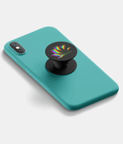 A top-down view of a phone grip holder attached to a mobile phone case on a white background