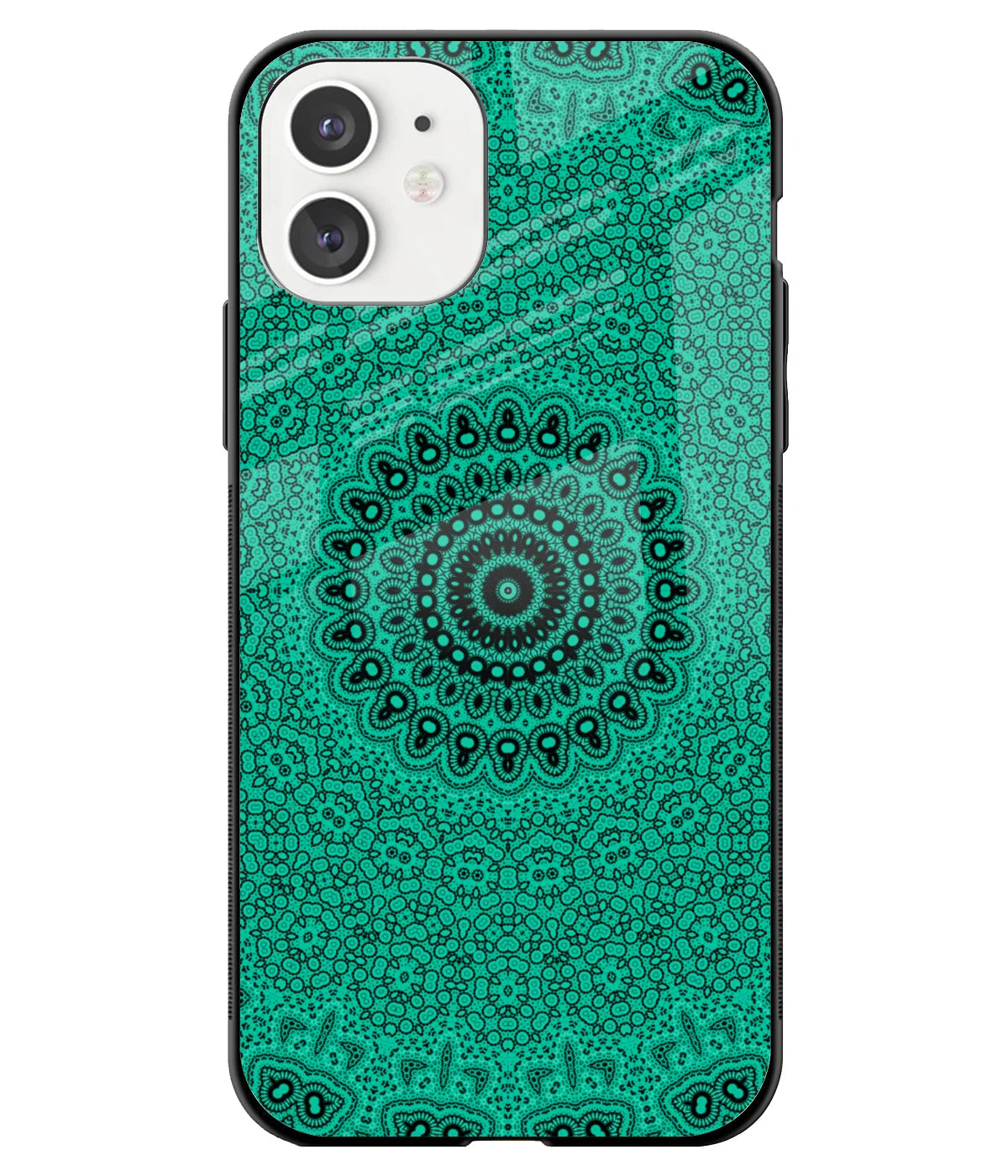 A front-on view of a glass phone case with a colorful design.