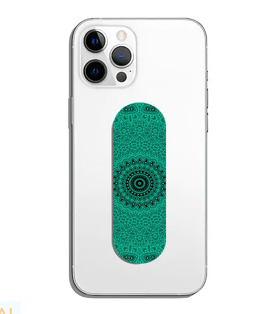 A phone grip slider applied to the back of a smartphone.