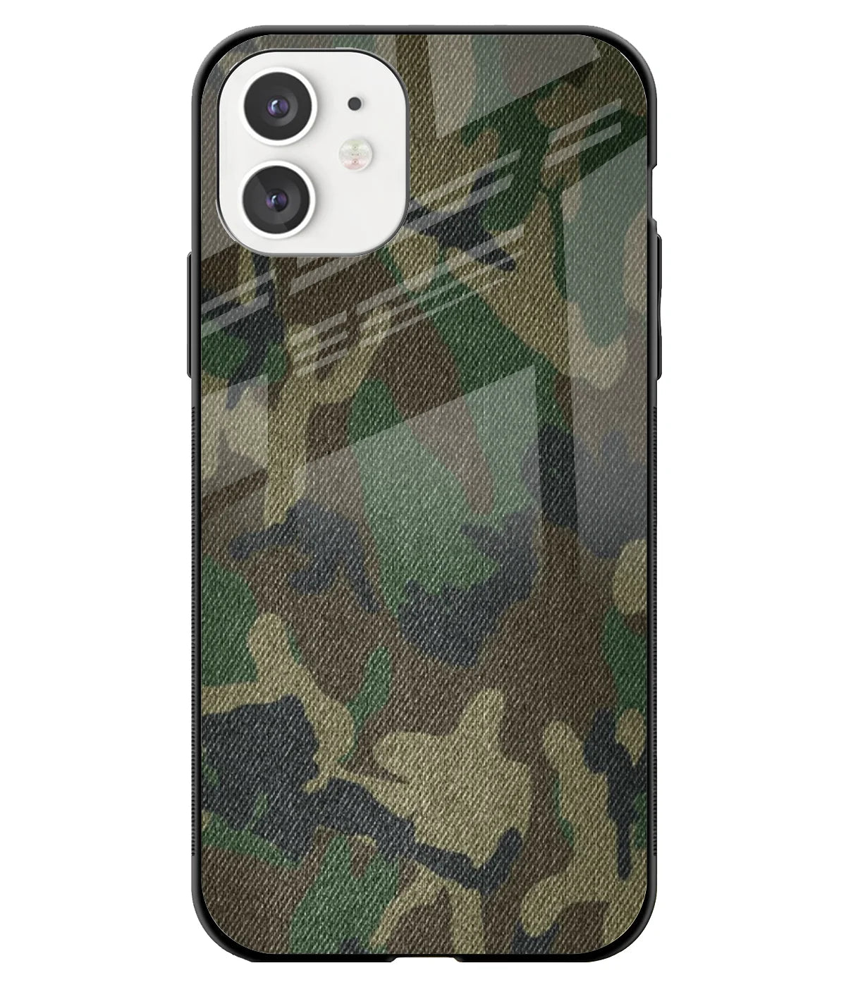 A front-on view of a glass phone case with a colorful design.