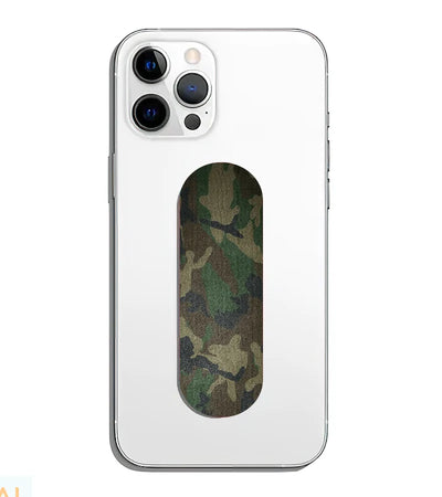 A phone grip slider applied to the back of a smartphone.
