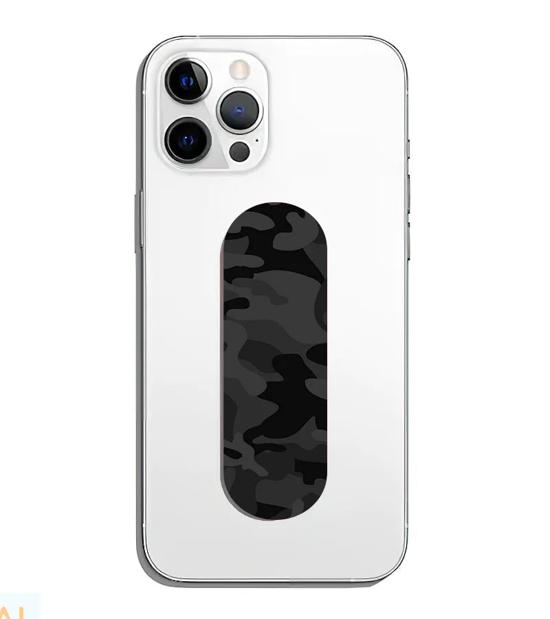 A phone grip slider applied to the back of a smartphone.